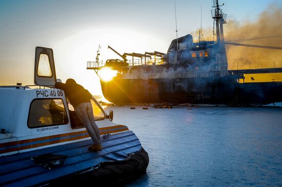 Ship Yeruslan burns in Amur Bay near Vladivostok