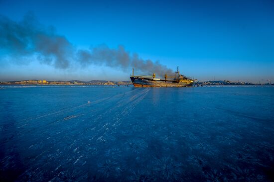 Ship Yeruslan burns in Amur Bay near Vladivostok