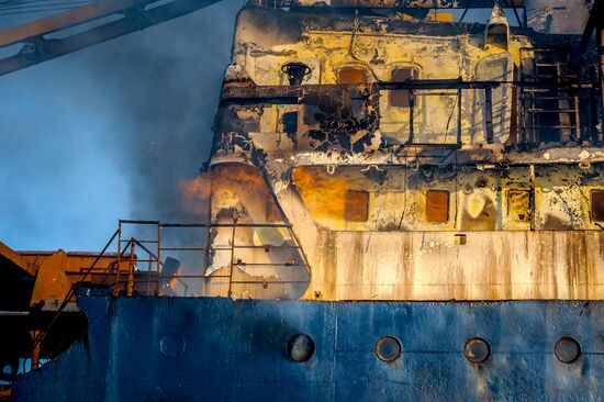Ship Yeruslan burns in Amur Bay near Vladivostok