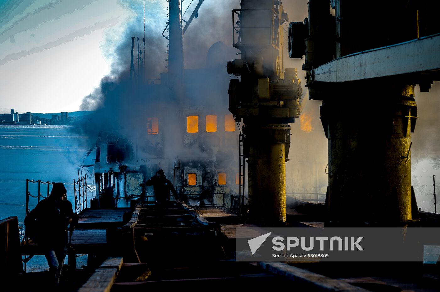 Ship Yeruslan burns in Amur Bay near Vladivostok