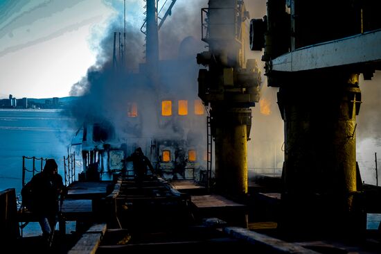 Ship Yeruslan burns in Amur Bay near Vladivostok