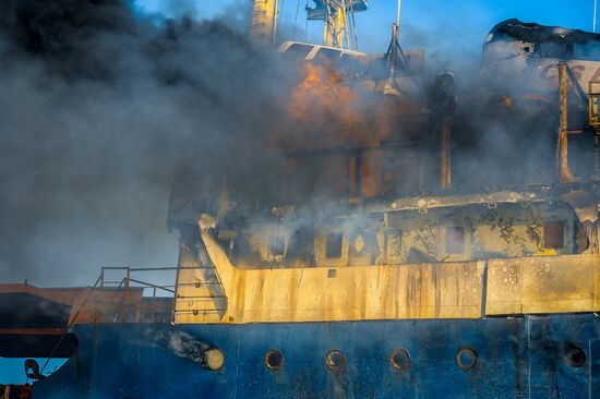 Ship Yeruslan burns in Amur Bay near Vladivostok