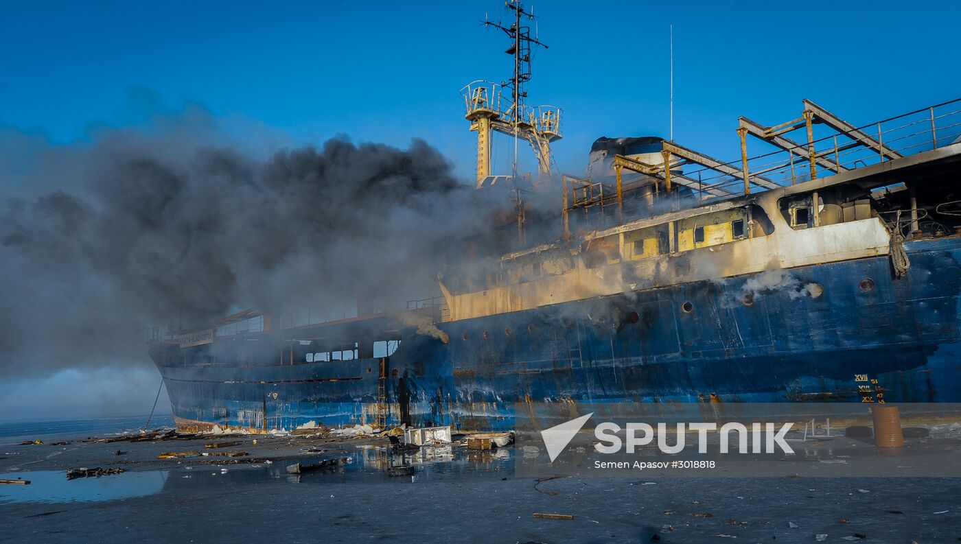Ship Yeruslan burns in Amur Bay near Vladivostok