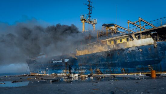 Ship Yeruslan burns in Amur Bay near Vladivostok