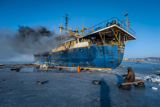 Ship Yeruslan burns in Amur Bay near Vladivostok