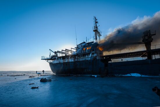 Ship Yeruslan burns in Amur Bay near Vladivostok