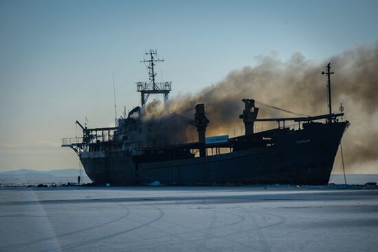 Ship Yeruslan burns in Amur Bay near Vladivostok