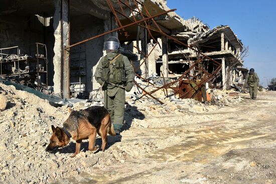 Russian Armed Force Mine Action Centre sappers inspect ruined buildings in Aleppo