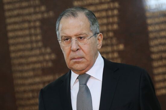 Russian Minister Sergei Lavrov lays flowers at memorial plaques on Diplomats' Day