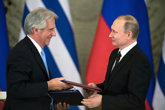 Russian President Vladimir Putin meets with President of Uruguay Tabare Vazquez