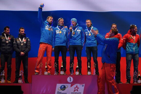 Medal ceremony for IBU World Champioships' men's sprint winners