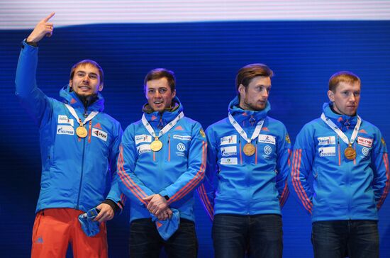 Medal ceremony for Biathlon World Champioships men's relay winners