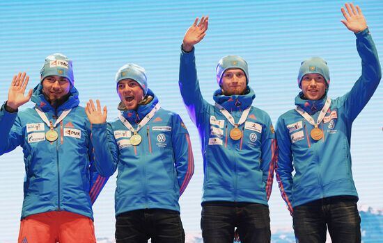 Medal ceremony for Biathlon World Champioships men's relay winners