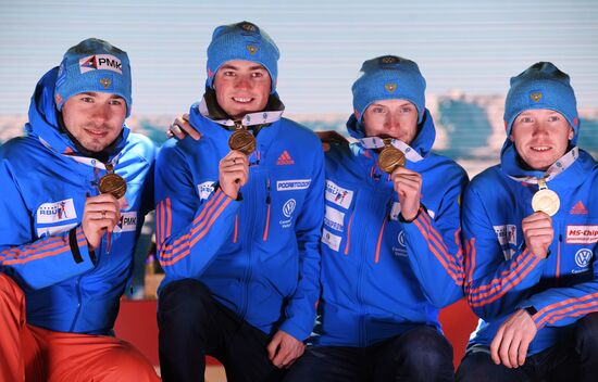 Medal ceremony for Biathlon World Champioships men's relay winners