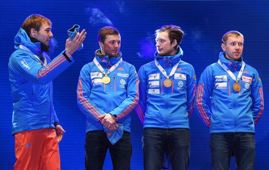 Medal ceremony for Biathlon World Champioships men's relay winners