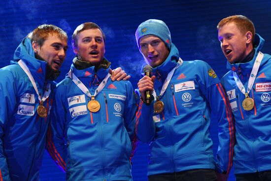 Medal ceremony for Biathlon World Champioships men's relay winners