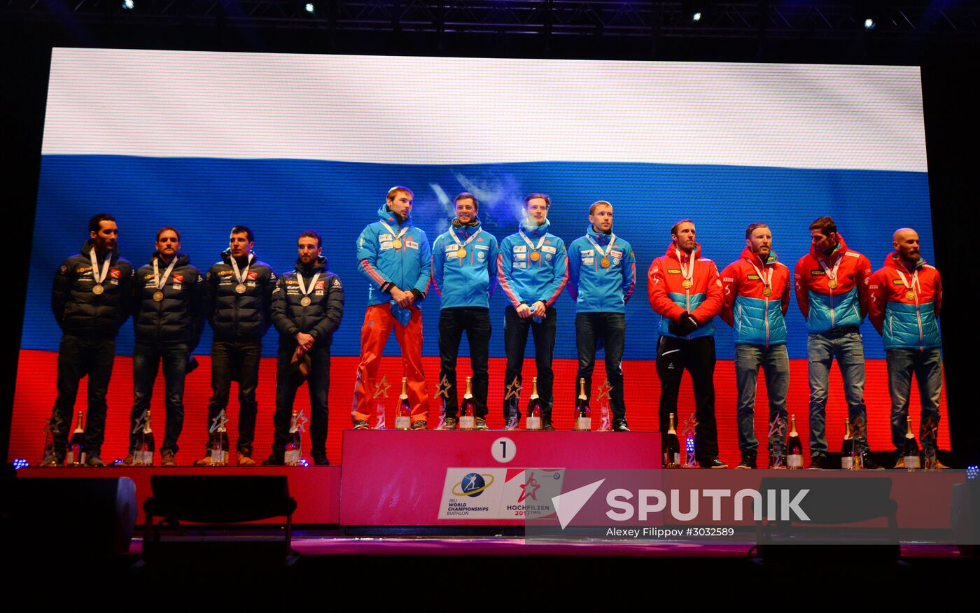 Medal ceremony for Biathlon World Champioships men's relay winners