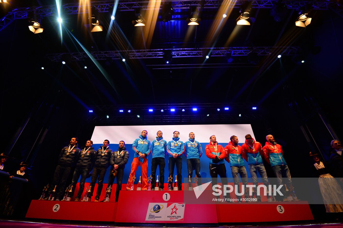 Medal ceremony for Biathlon World Champioships men's relay winners