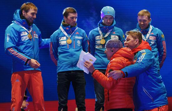 Medal ceremony for Biathlon World Champioships men's relay winners