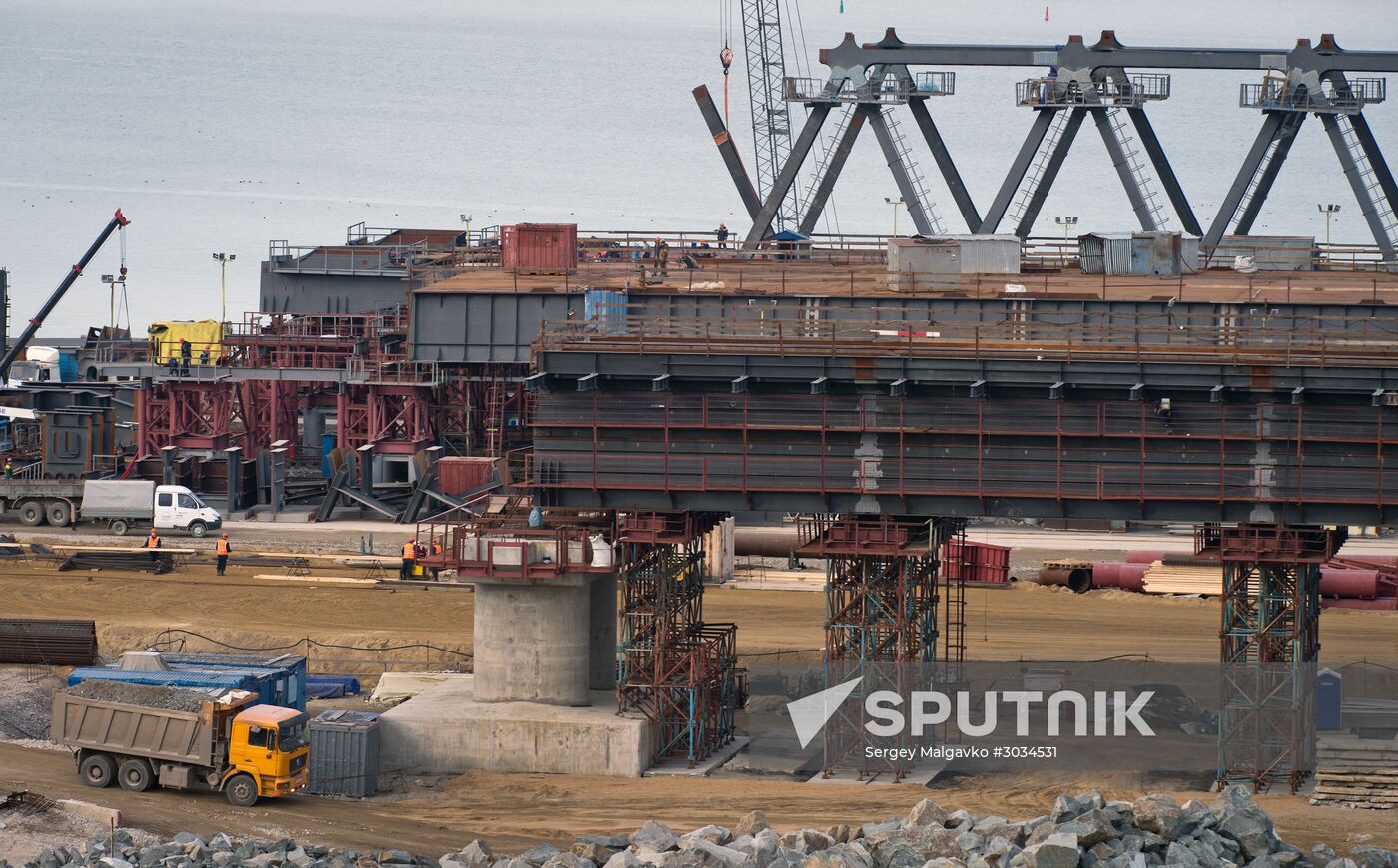 Building a bridge across the Kerch Strait from Crimea toward mainland Russia