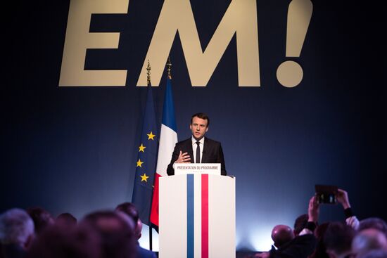 French presidential candidate Emmanuel Macron presents his program
