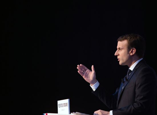 French presidential candidate Emmanuel Macron presents his program