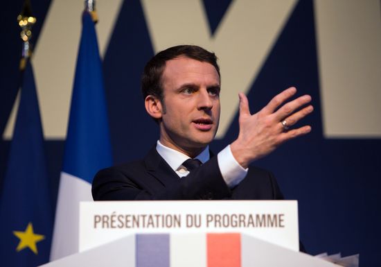 French presidential candidate Emmanuel Macron presents his program