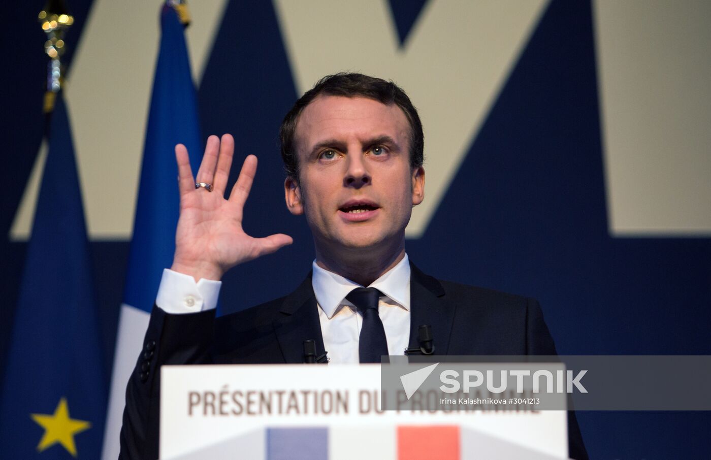 French presidential candidate Emmanuel Macron presents his program