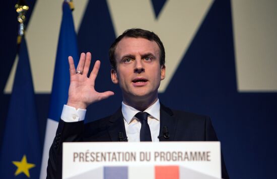 French presidential candidate Emmanuel Macron presents his program