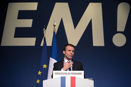 French presidential candidate Emmanuel Macron presents his program