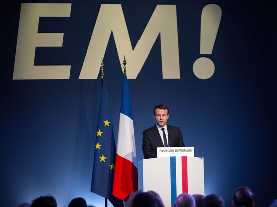 French presidential candidate Emmanuel Macron presents his program