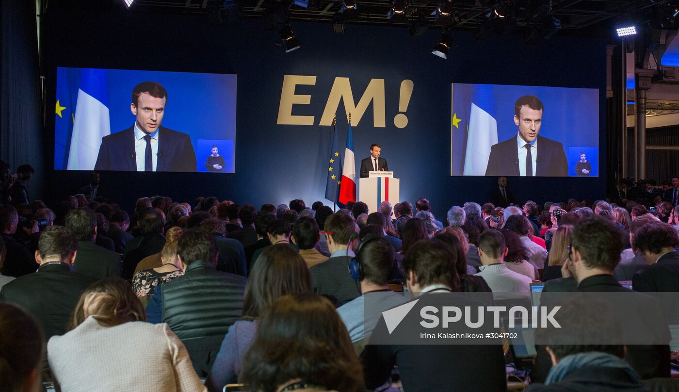 French presidential candidate Emmanuel Macron presents his program