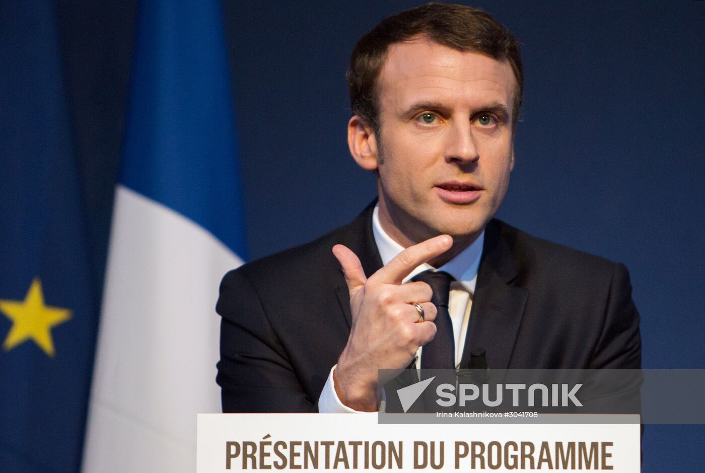 French presidential candidate Emmanuel Macron presents his program