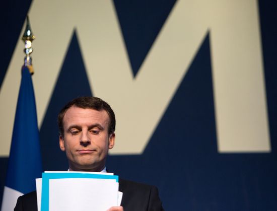 French presidential candidate Emmanuel Macron presents his program