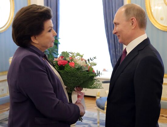 Russian President Vladimir Putin congratulates Valentina Tereshkova on her 80th birthday