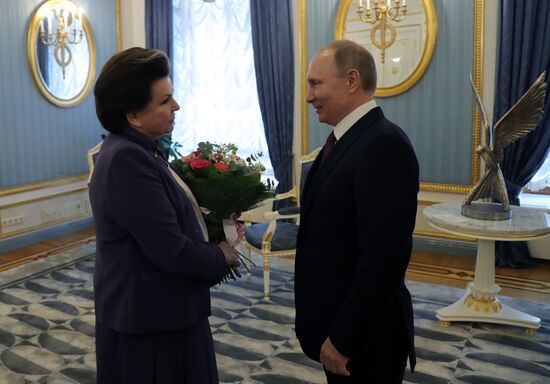 Russian President Vladimir Putin congratulates Valentina Tereshkova on her 80th birthday