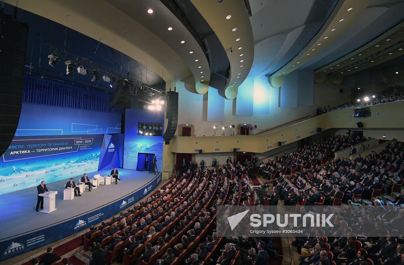 Russian President Vladimir Putin attends The Arctic: Territory of Dialogue forum
