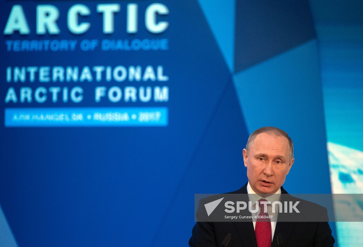 Russian President Vladimir Putin attends The Arctic: Territory of Dialogue forum