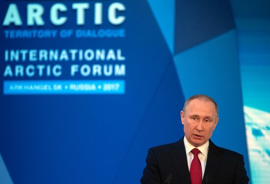 Russian President Vladimir Putin attends The Arctic: Territory of Dialogue forum