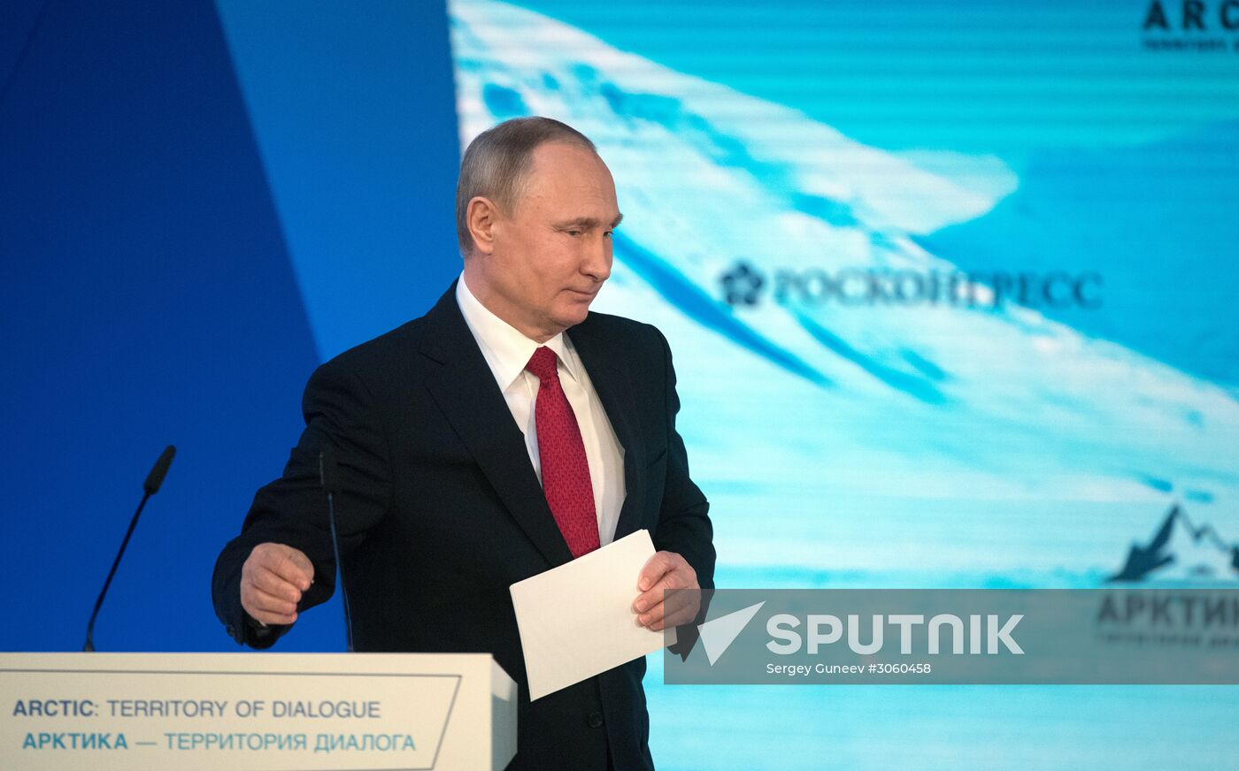Russian President Vladimir Putin attends The Arctic: Territory of Dialogue forum