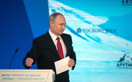 Russian President Vladimir Putin attends The Arctic: Territory of Dialogue forum