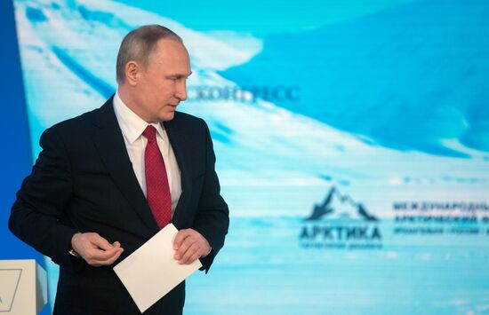Russian President Vladimir Putin attends The Arctic: Territory of Dialogue forum