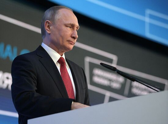 Russian President Vladimir Putin attends The Arctic: Territory of Dialogue forum