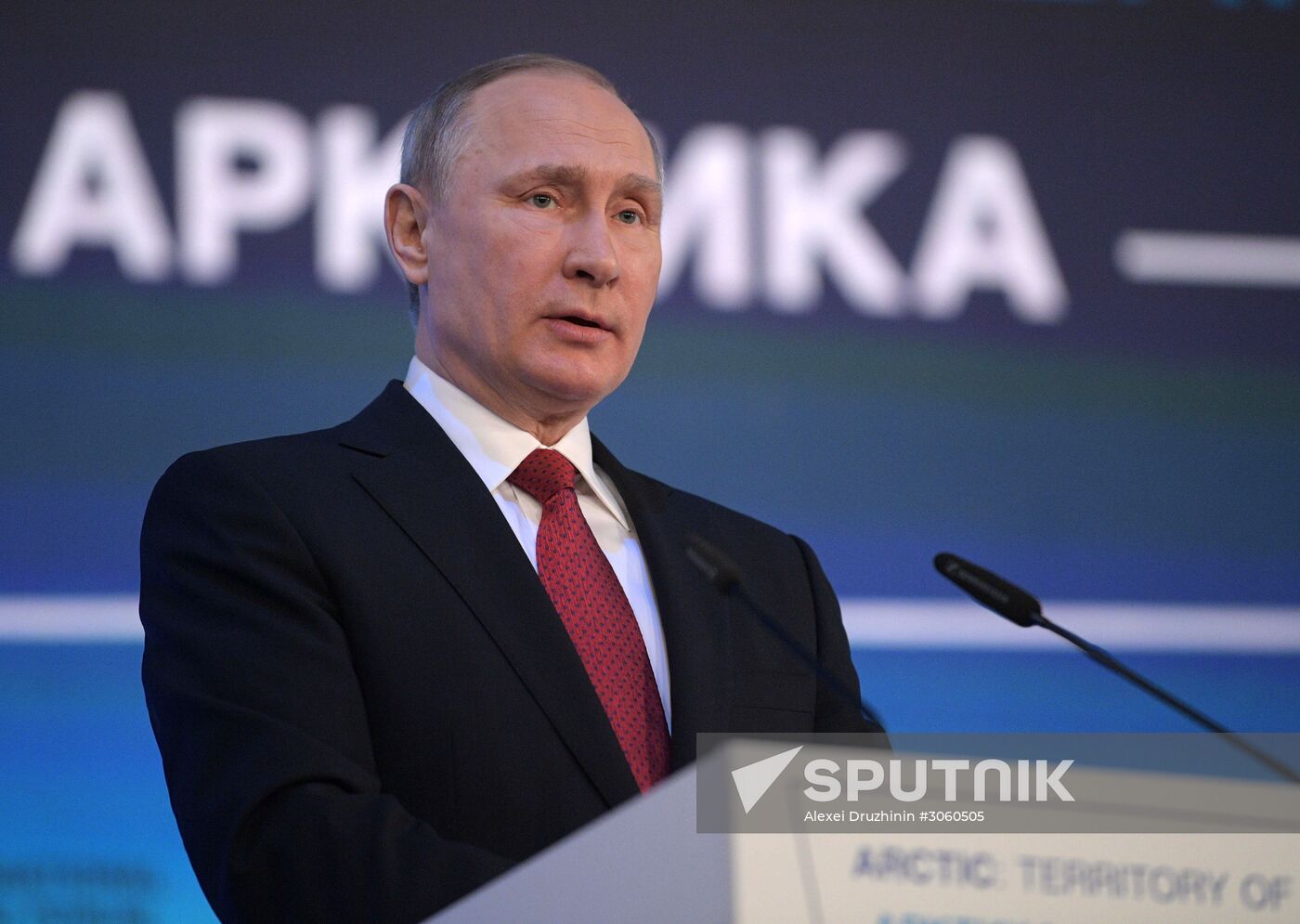Russian President Vladimir Putin attends The Arctic: Territory of Dialogue forum