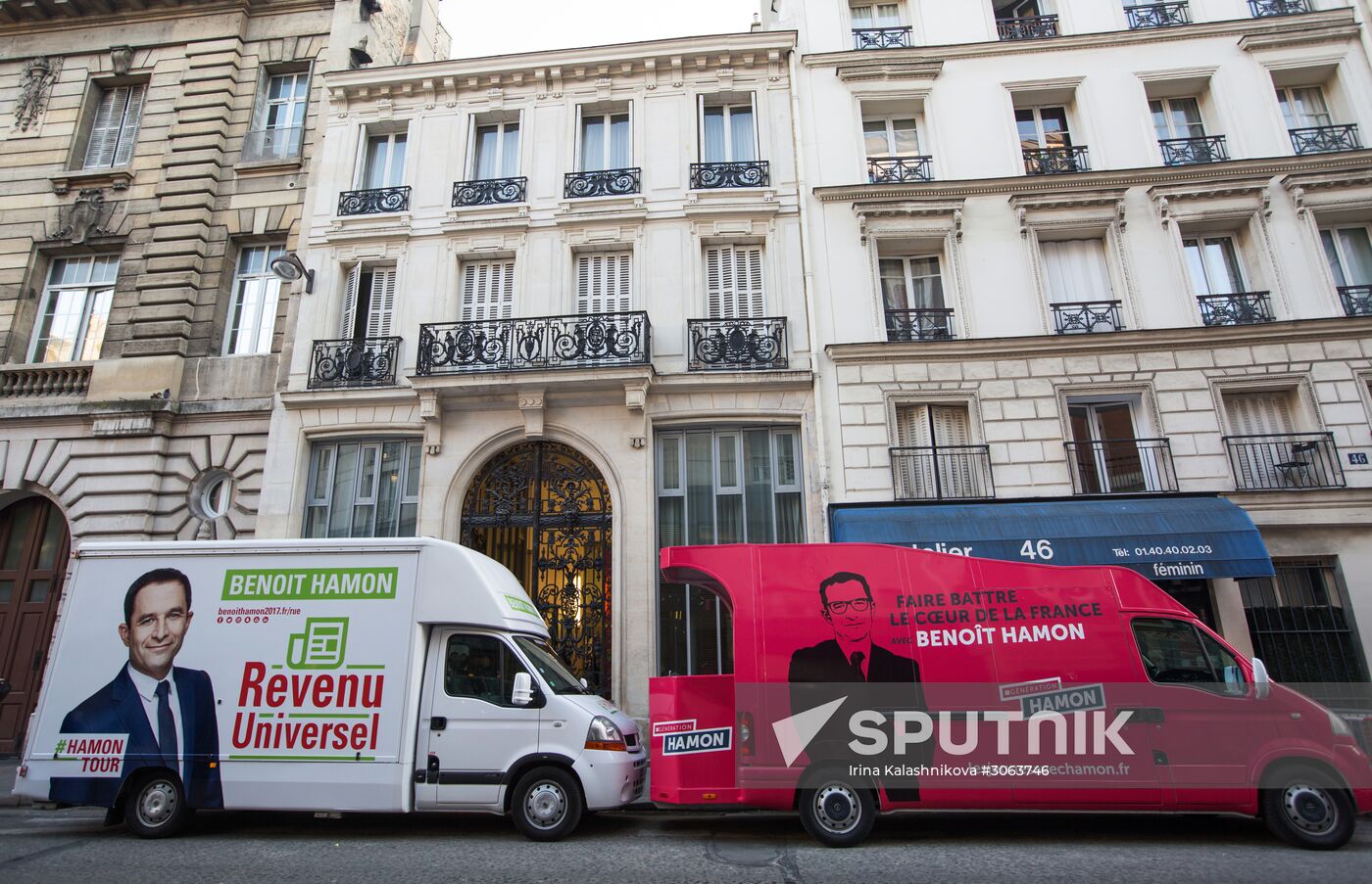 Campaign vans featuring pictures of presidential candidate Benoit Hamon in France