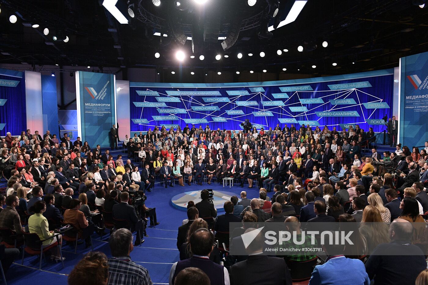 Russian President Vladimir Putin attends the fourth Truth and Justice regional and local media forum