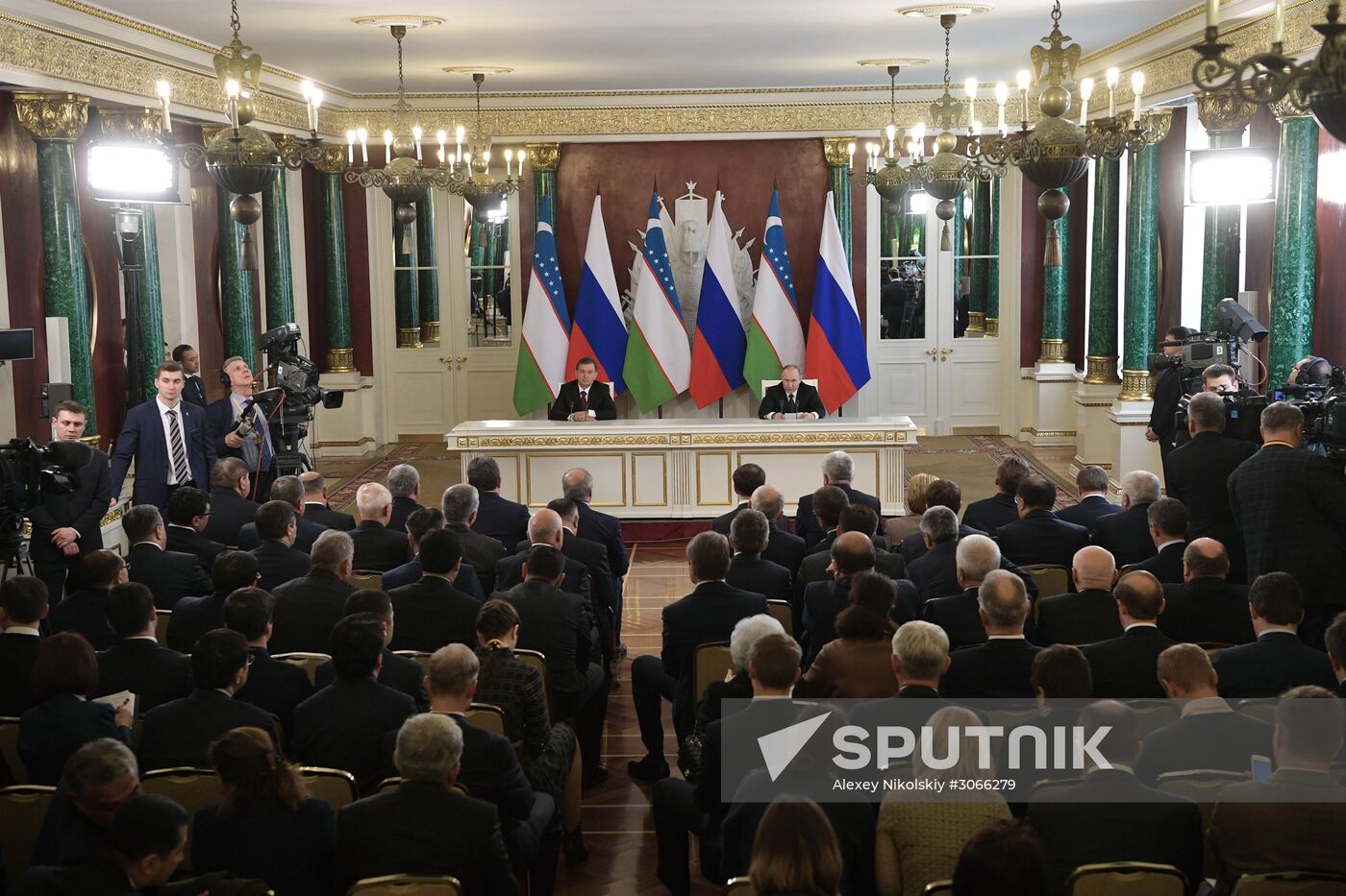 Russian President Vladimir Putin meets with President of Uzbekistan Shavkat Mirziyoyev