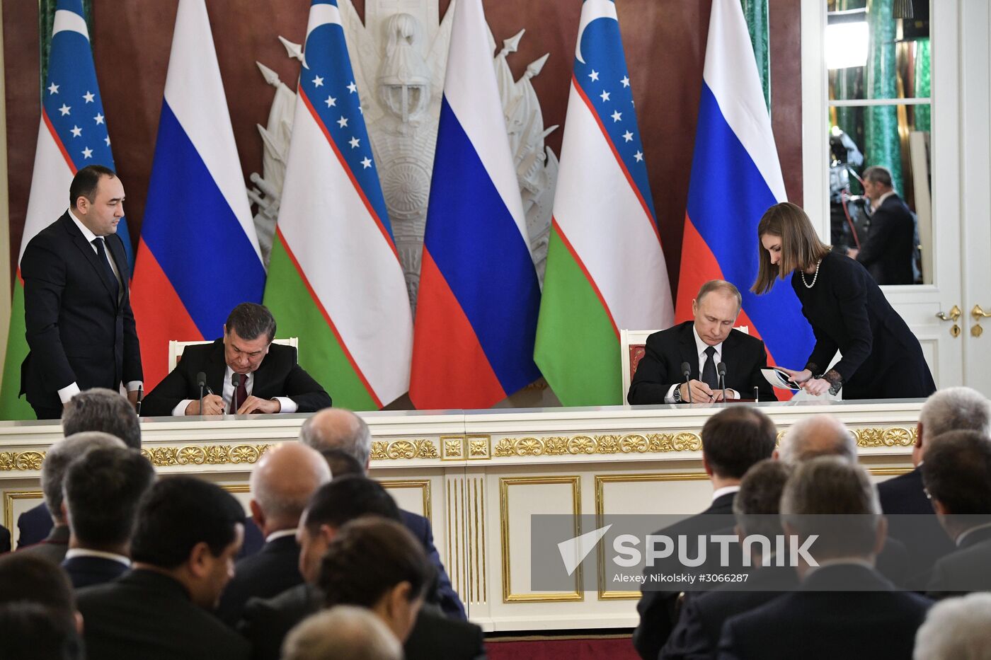 Russian President Vladimir Putin meets with President of Uzbekistan Shavkat Mirziyoyev