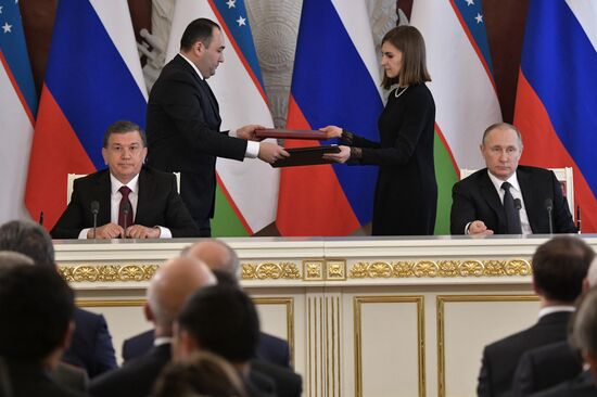 Russian President Vladimir Putin meets with President of Uzbekistan Shavkat Mirziyoyev