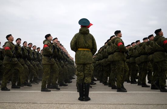 Joint Victory Day drills of combined parade unit, mechanized column and lineup of aircraft